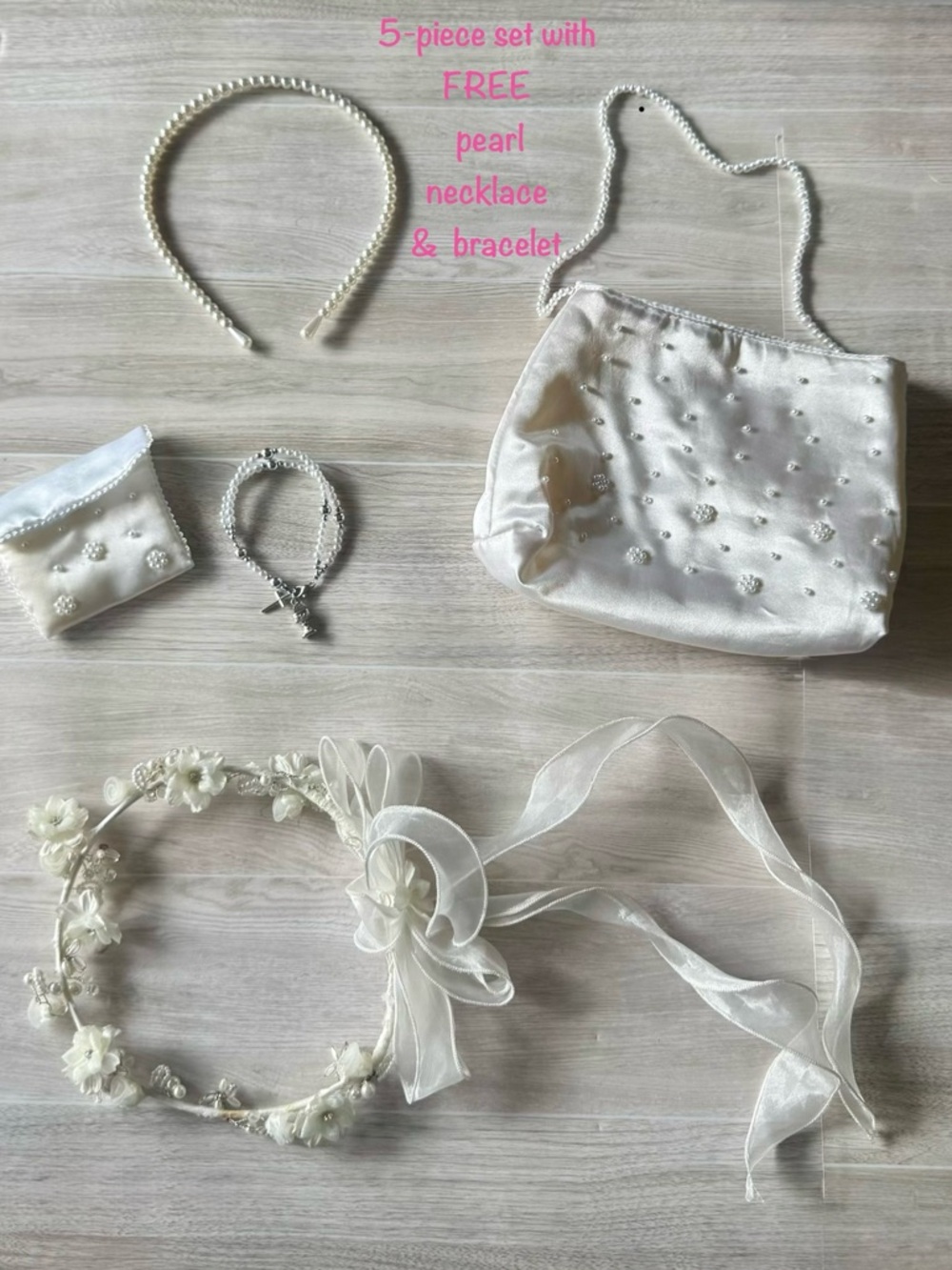 🤍 5-piece / Girls' White & Cream First Communion Set -🌟 FREE necklace / bracelet